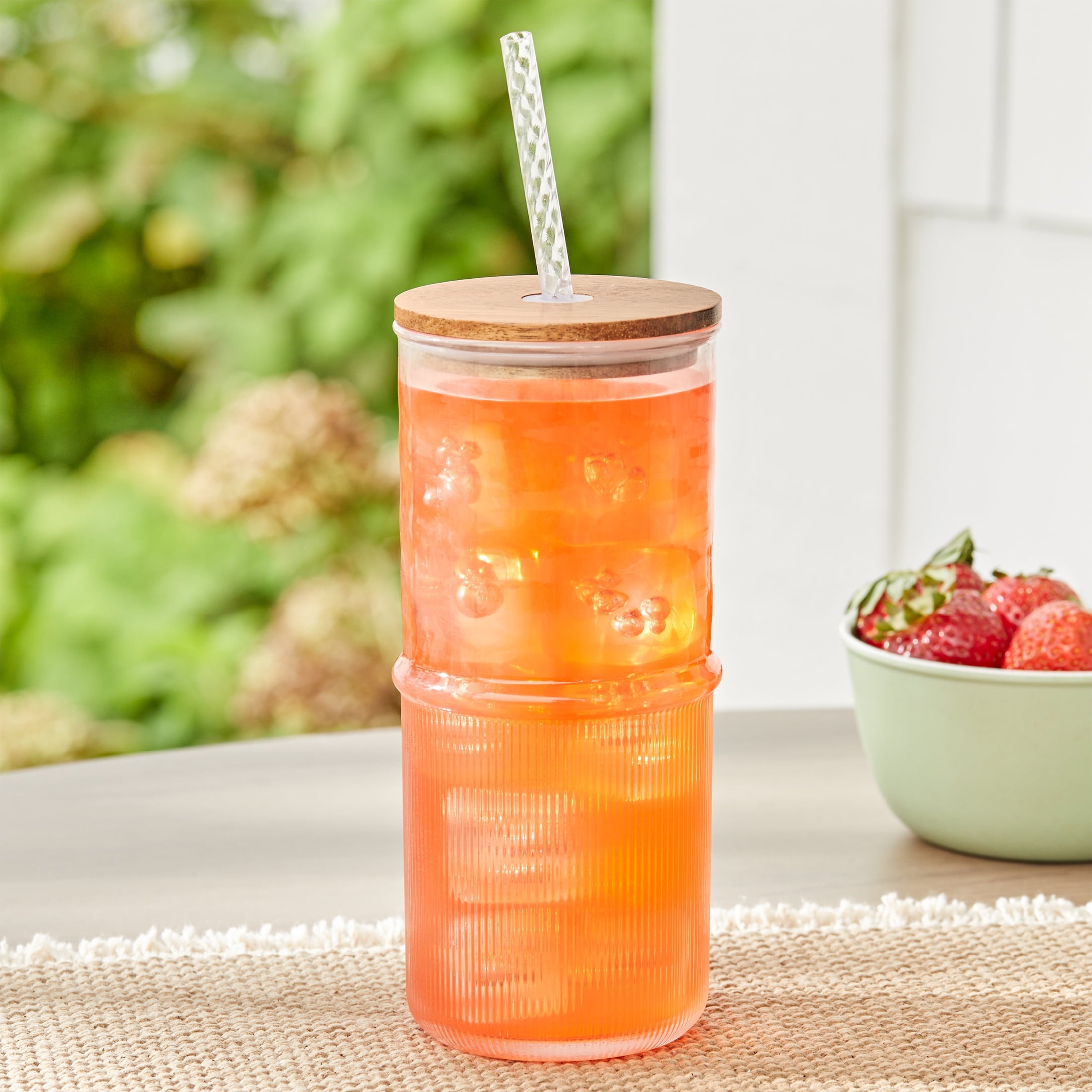 22-Ounce Clear Ribbed Tritan Tumbler with Straw and Acacia Wood Lid - Image 2