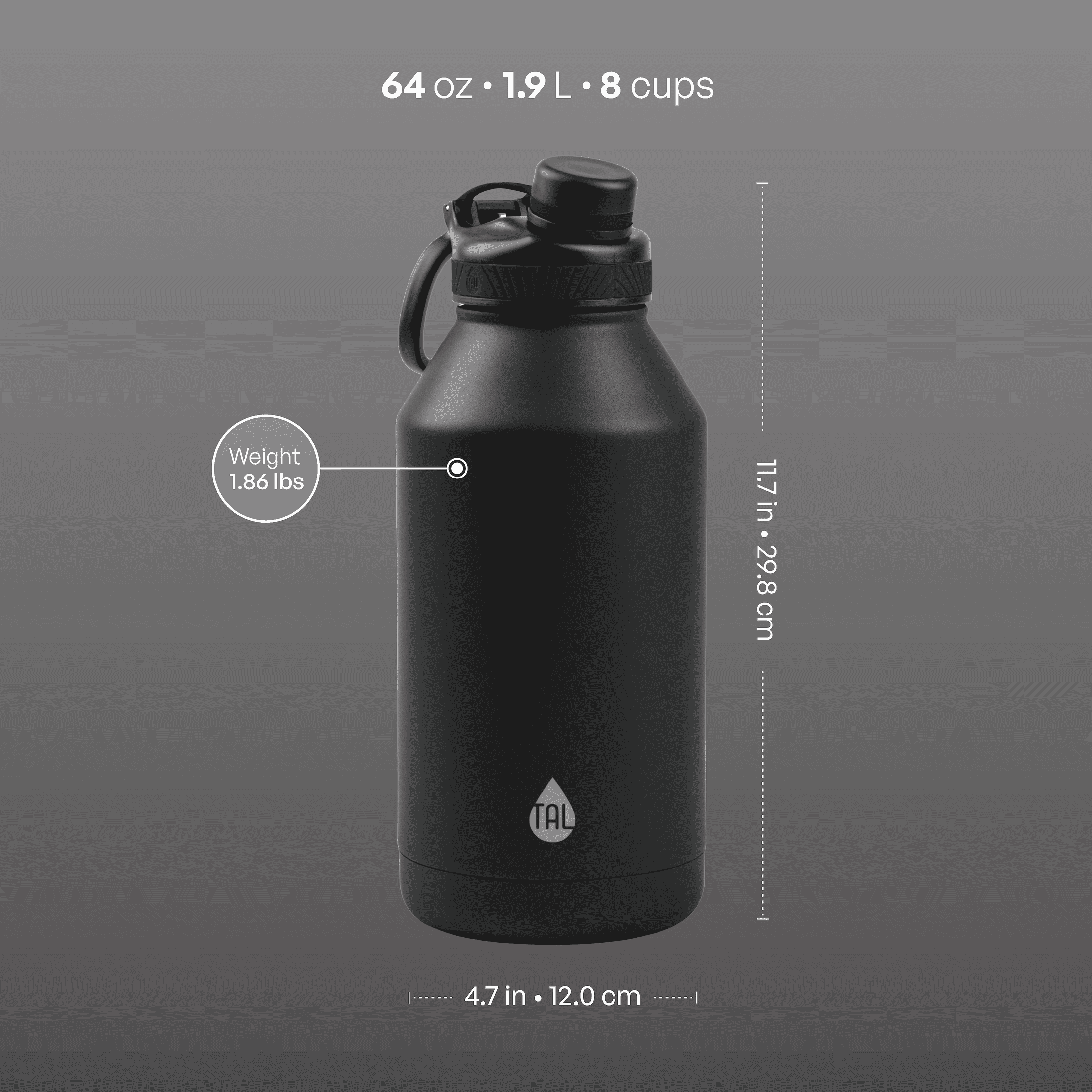 64oz Stainless Steel Ranger Water Bottle, Black - Image 4