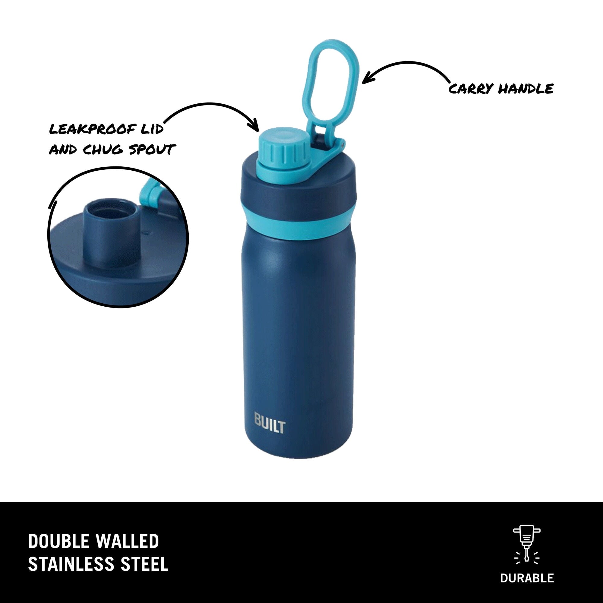 16 oz Stainless Steel Kids Water Bottle with Leakproof Flip-Top Chug Lid, Dark Blue - Image 3
