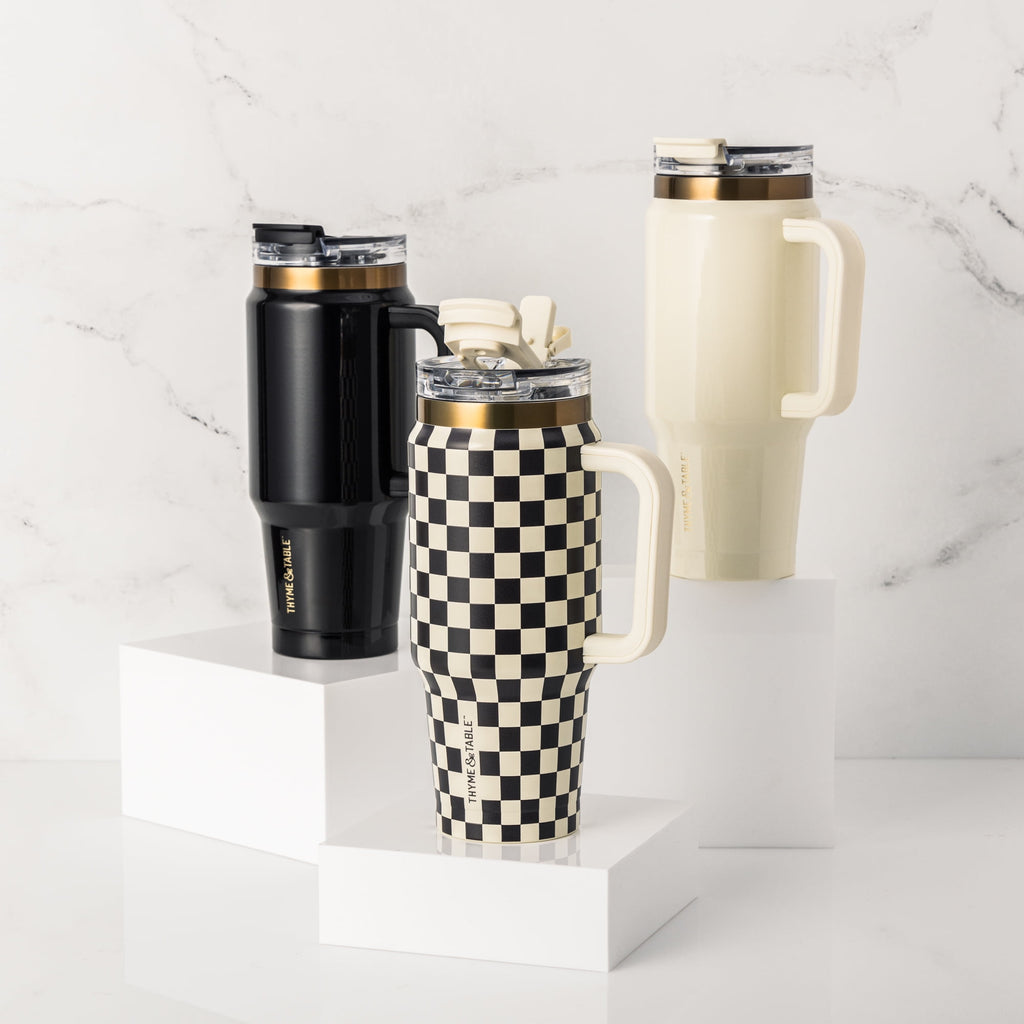 32 fl oz Stainless Steel Luna Tumbler with Handle and Dual Straw Lid, Cream & Black Check - Image 3