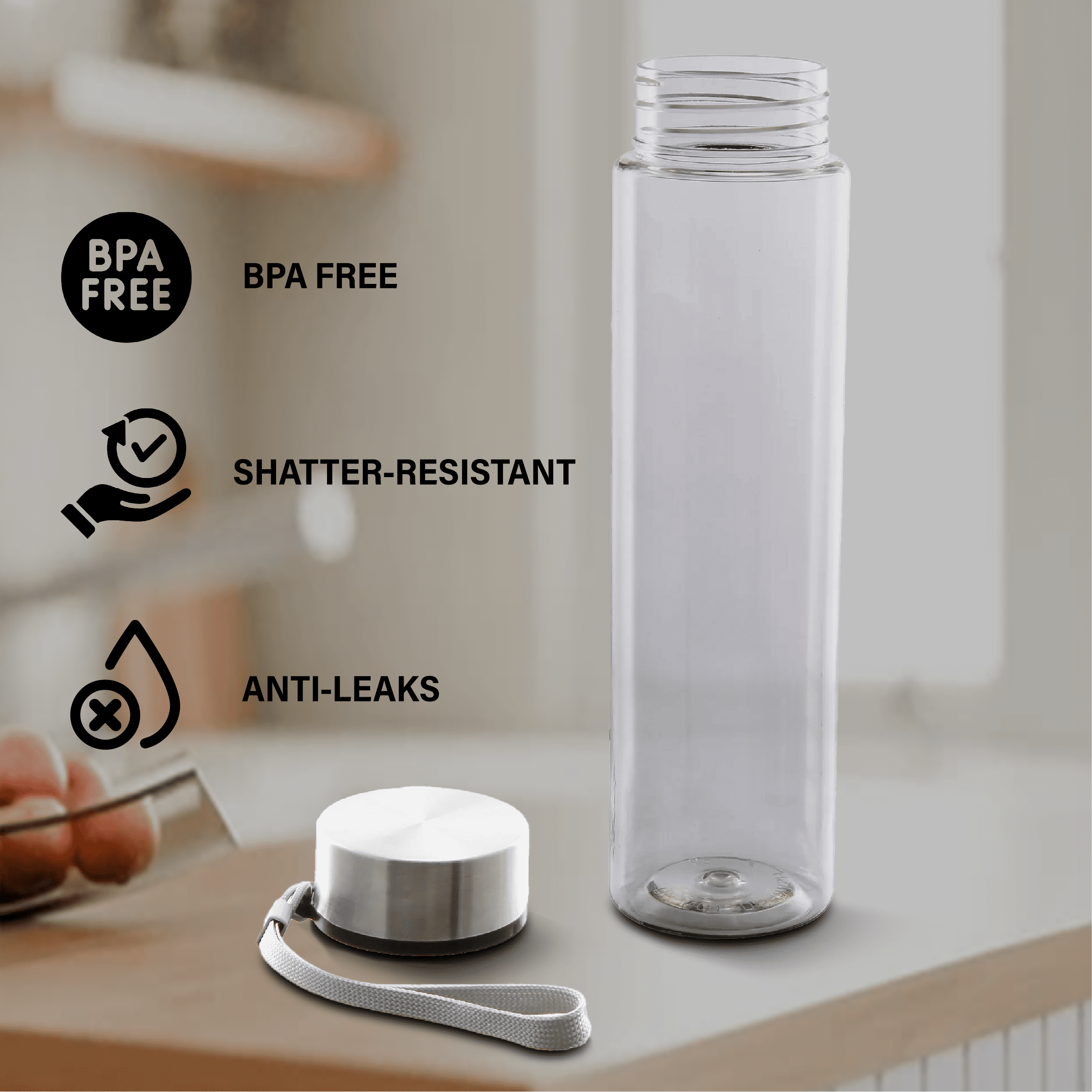 18 oz Plastic Clear Water Bottle Stainless Steel Screw Cap Lid with Strap, 1 Each Included - Image 2