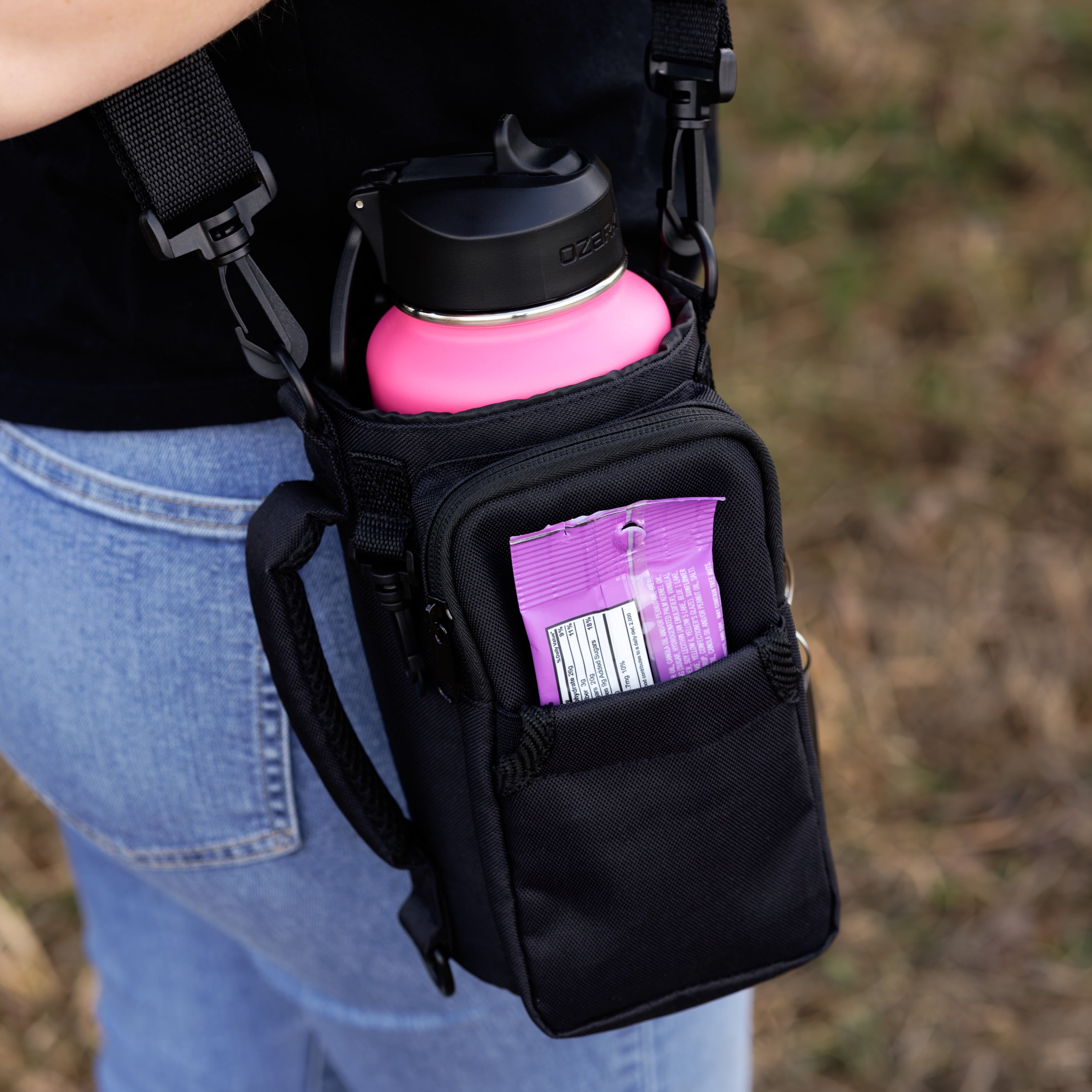 32-40 fl oz Water Bottle Sling with Shoulder Strap and Front Zipper Pocket, Black - Image 5