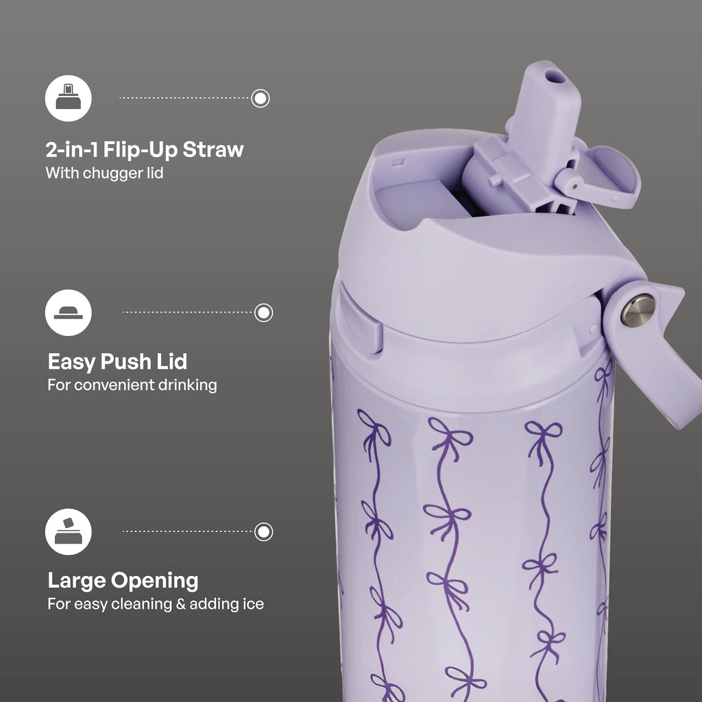 Stainless Steel Water Bottle, 24oz 2-in-1 Straw & Chug Lid, Purple Bows - Image 3