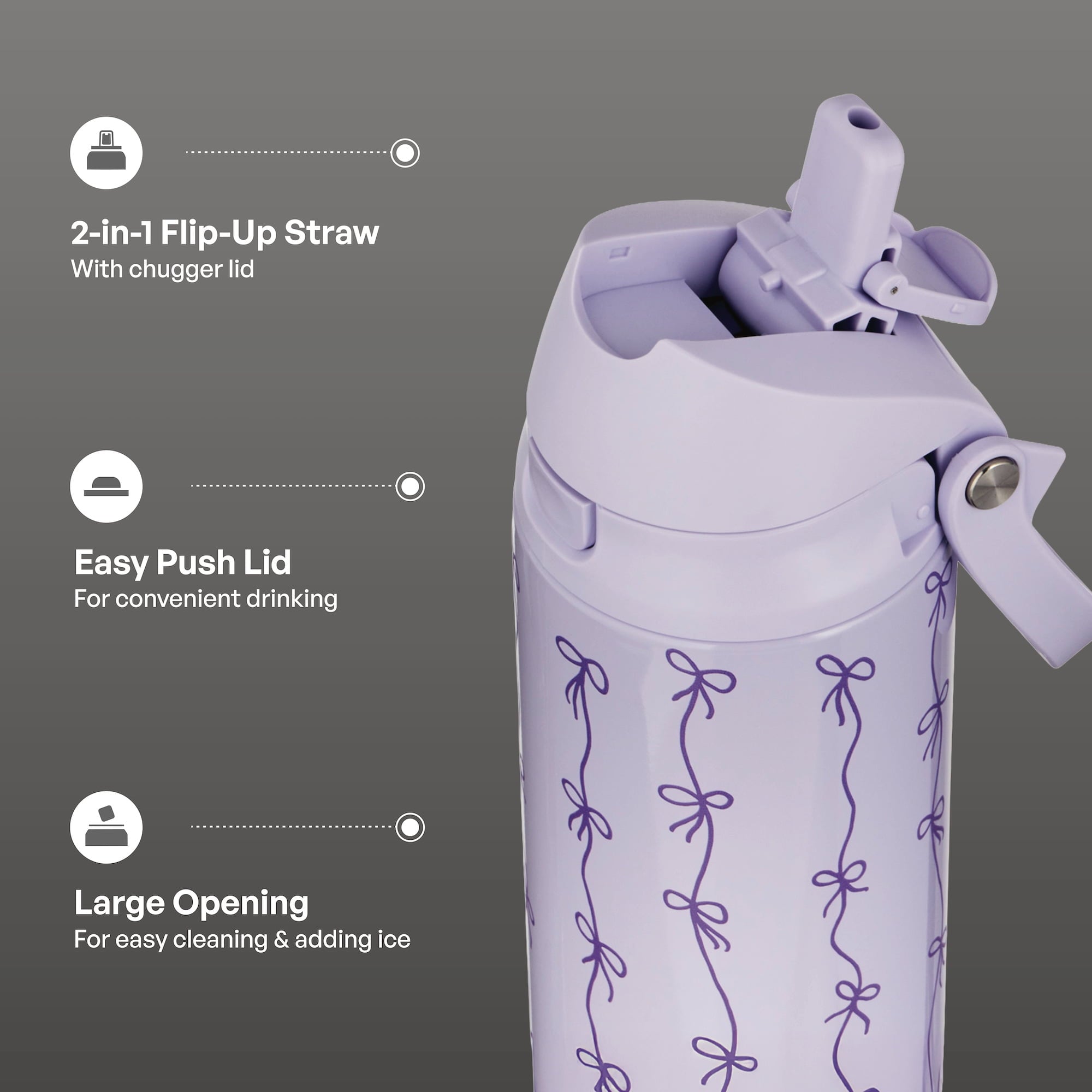 Stainless Steel Water Bottle, 24oz 2-in-1 Straw & Chug Lid, Purple Bows - Image 3