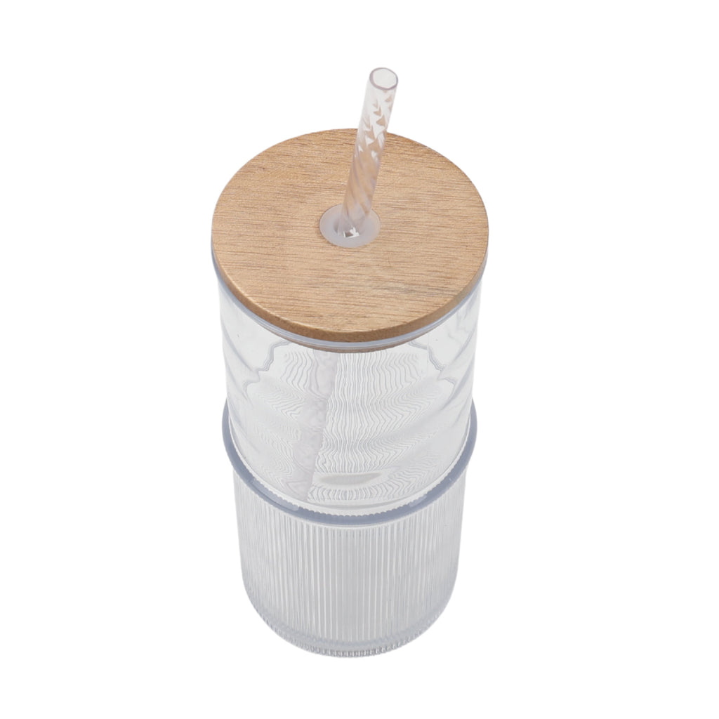 22-Ounce Clear Ribbed Tritan Tumbler with Straw and Acacia Wood Lid - Image 3