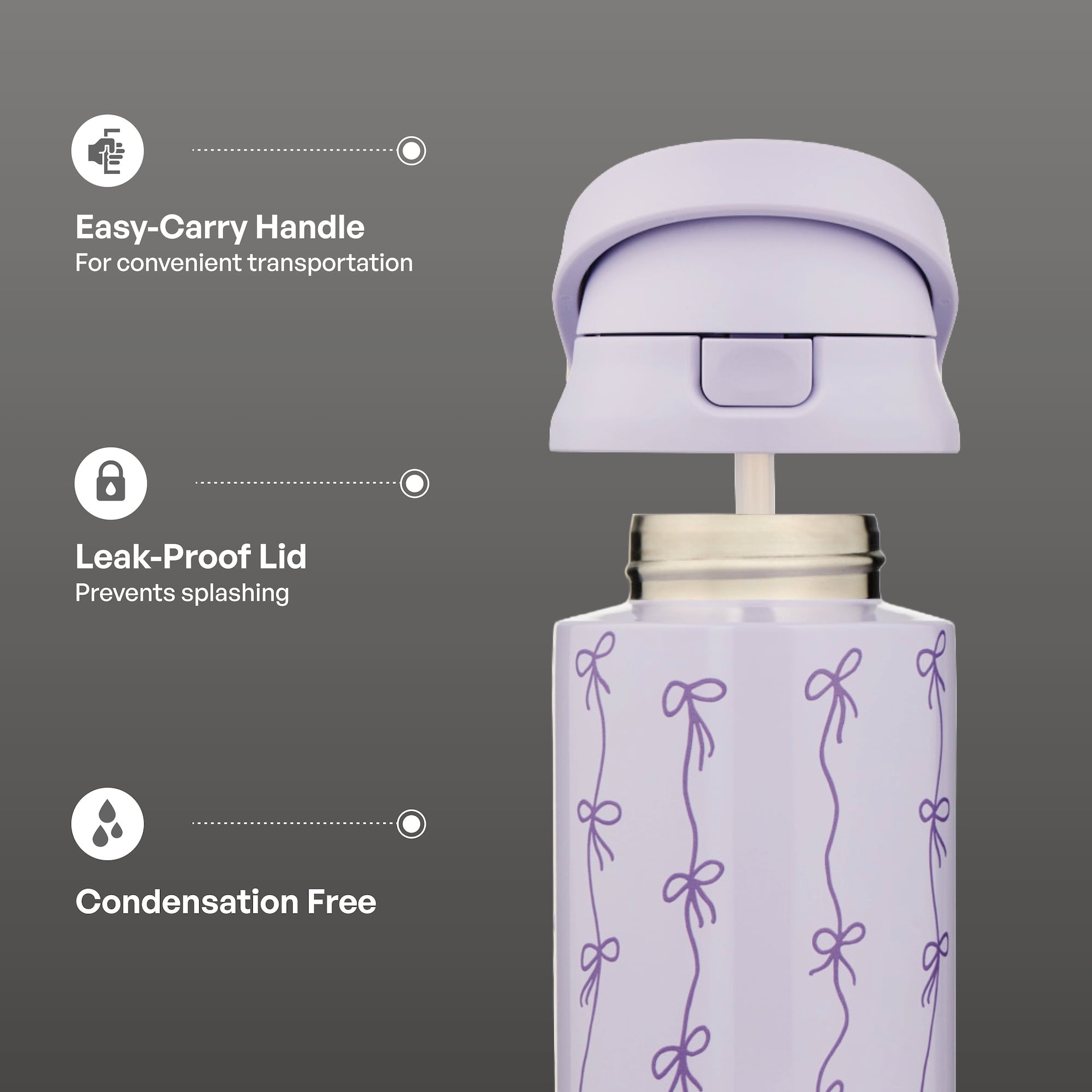 Stainless Steel Water Bottle, 24oz 2-in-1 Straw & Chug Lid, Purple Bows - Image 4