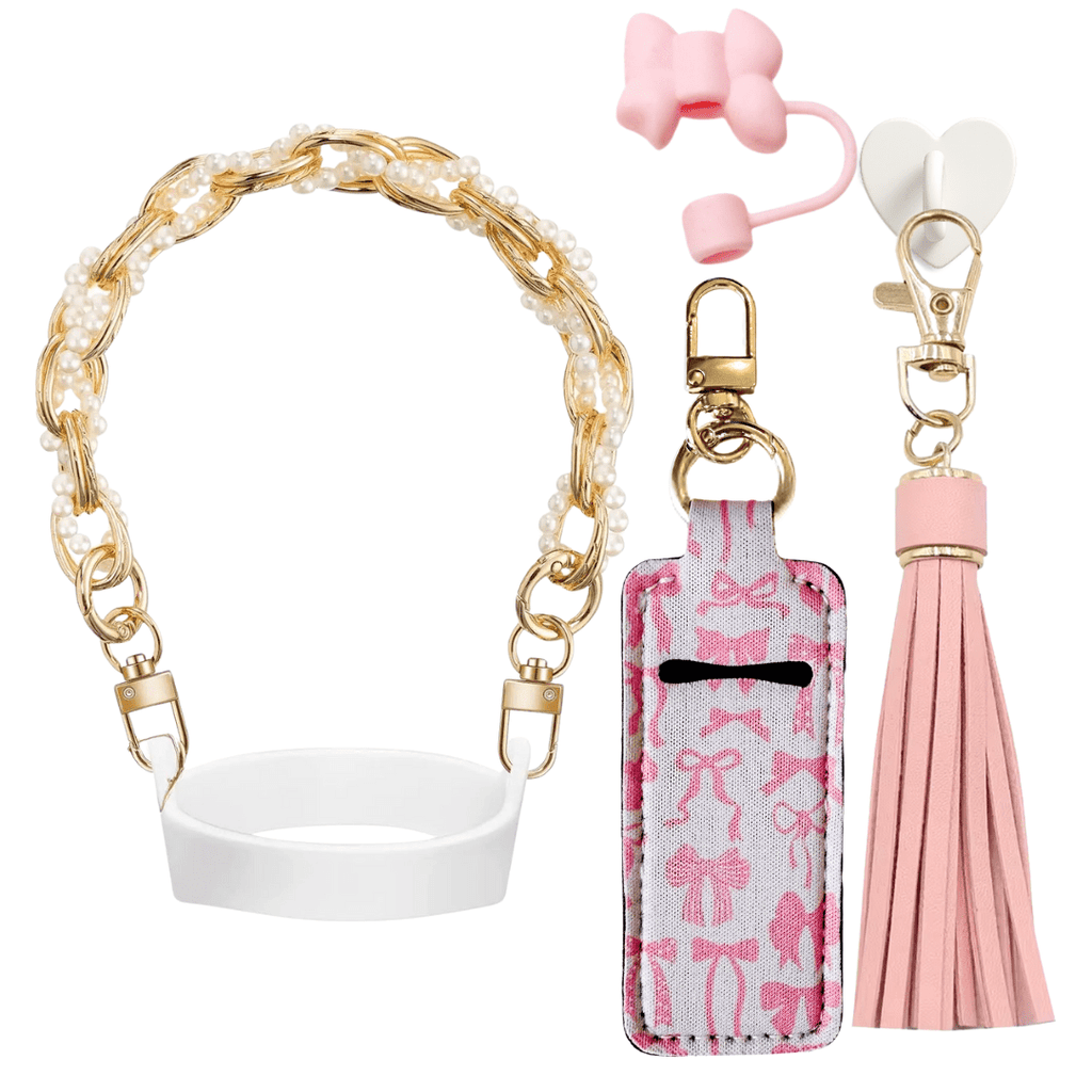 Set with Water Bottle Handle, Straw Topper, Charm Hook & Lip Balm Holder, Pink Pearl - Image 4
