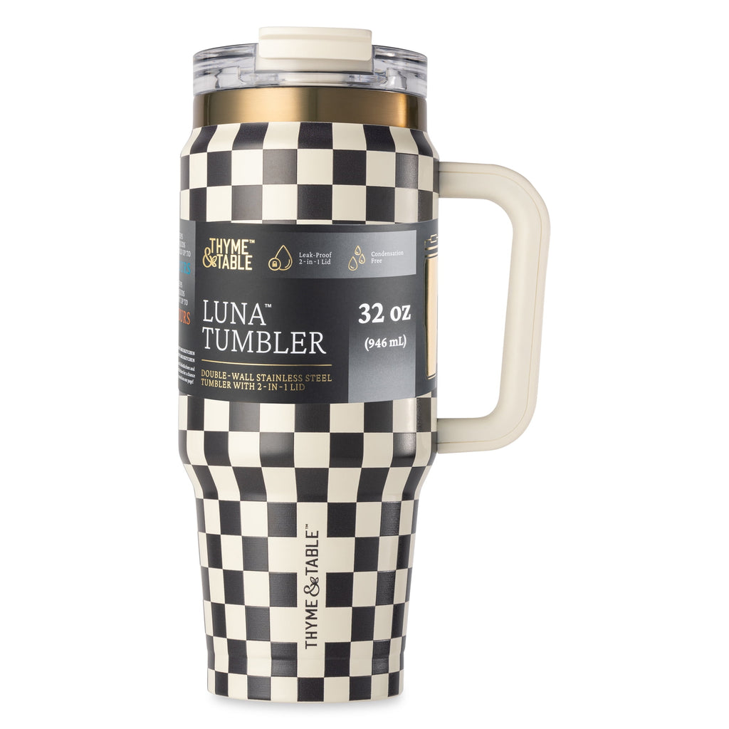 32 fl oz Stainless Steel Luna Tumbler with Handle and Dual Straw Lid, Cream & Black Check - Image 4