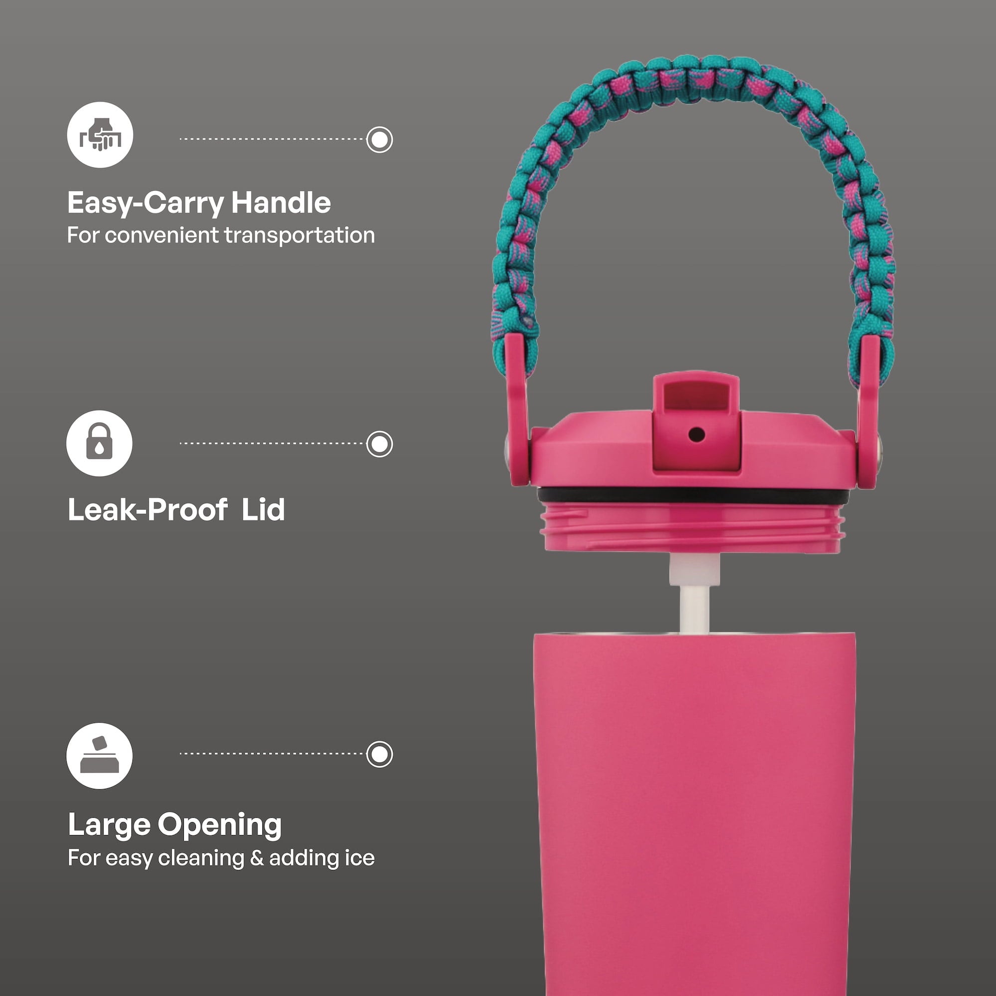 24oz Stainless Steel Hudson Paracord Handle Water Bottle, Pink - Image 3