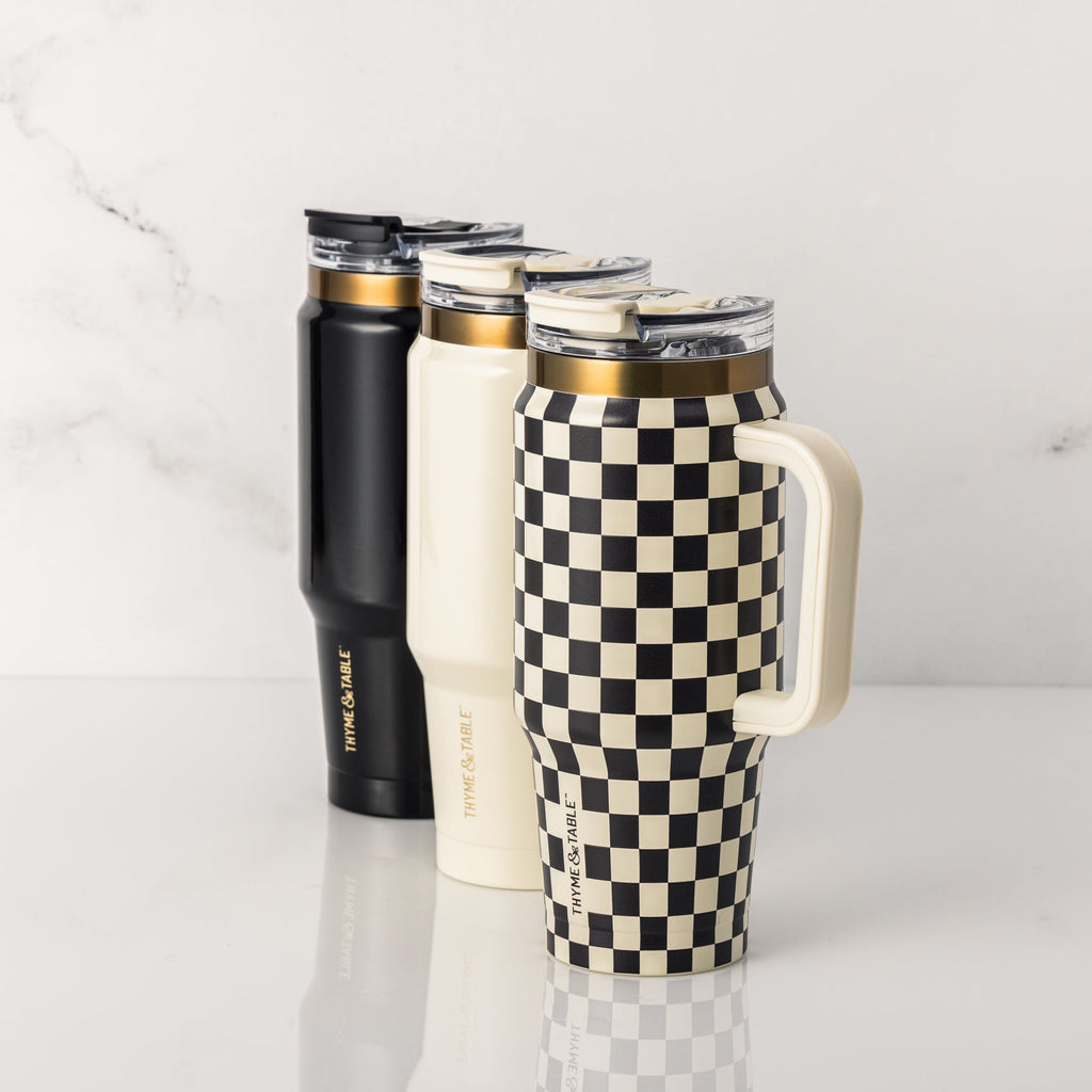 32 fl oz Stainless Steel Luna Tumbler with Handle and Dual Straw Lid, Cream & Black Check - Image 6