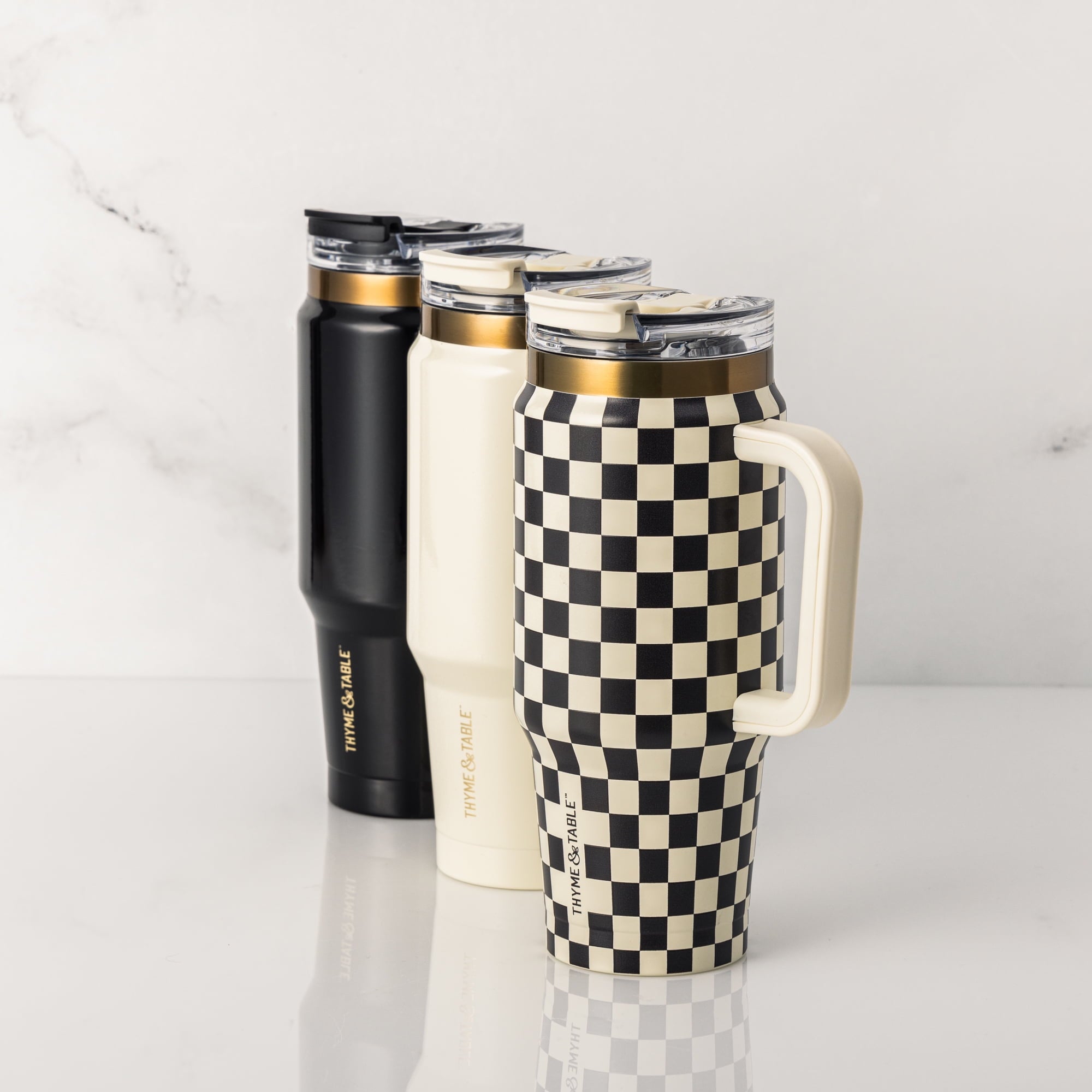 32 fl oz Stainless Steel Luna Tumbler with Handle and Dual Straw Lid, Cream & Black Check - Image 6