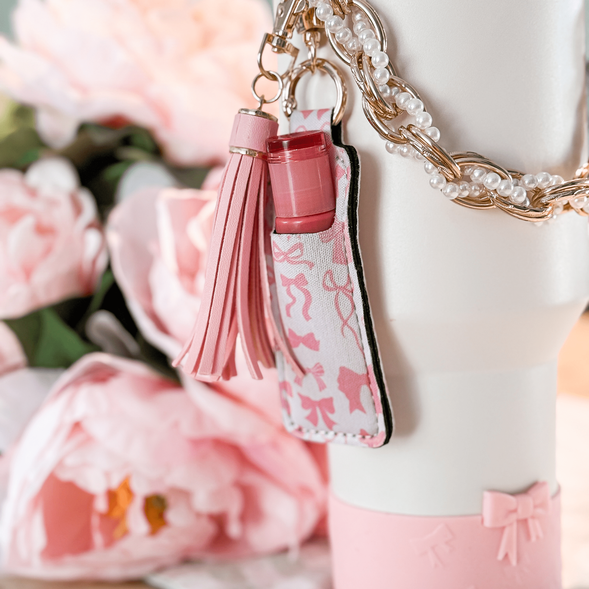 Set with Water Bottle Handle, Straw Topper, Charm Hook & Lip Balm Holder, Pink Pearl - Image 3