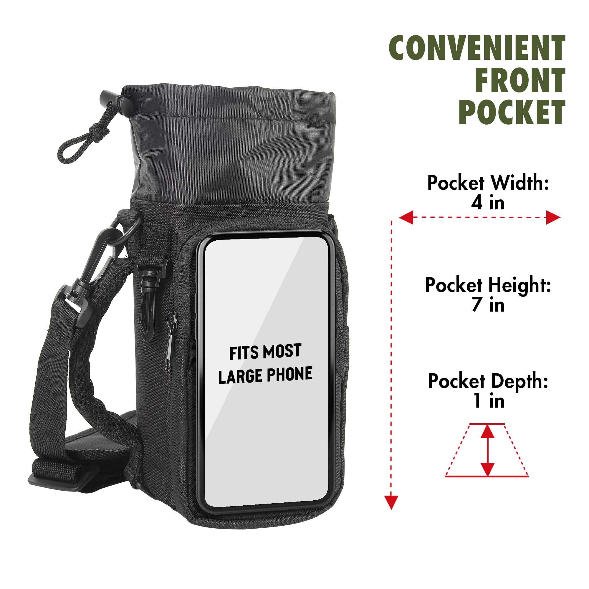 32-40 fl oz Water Bottle Sling with Shoulder Strap and Front Zipper Pocket, Black - Image 2