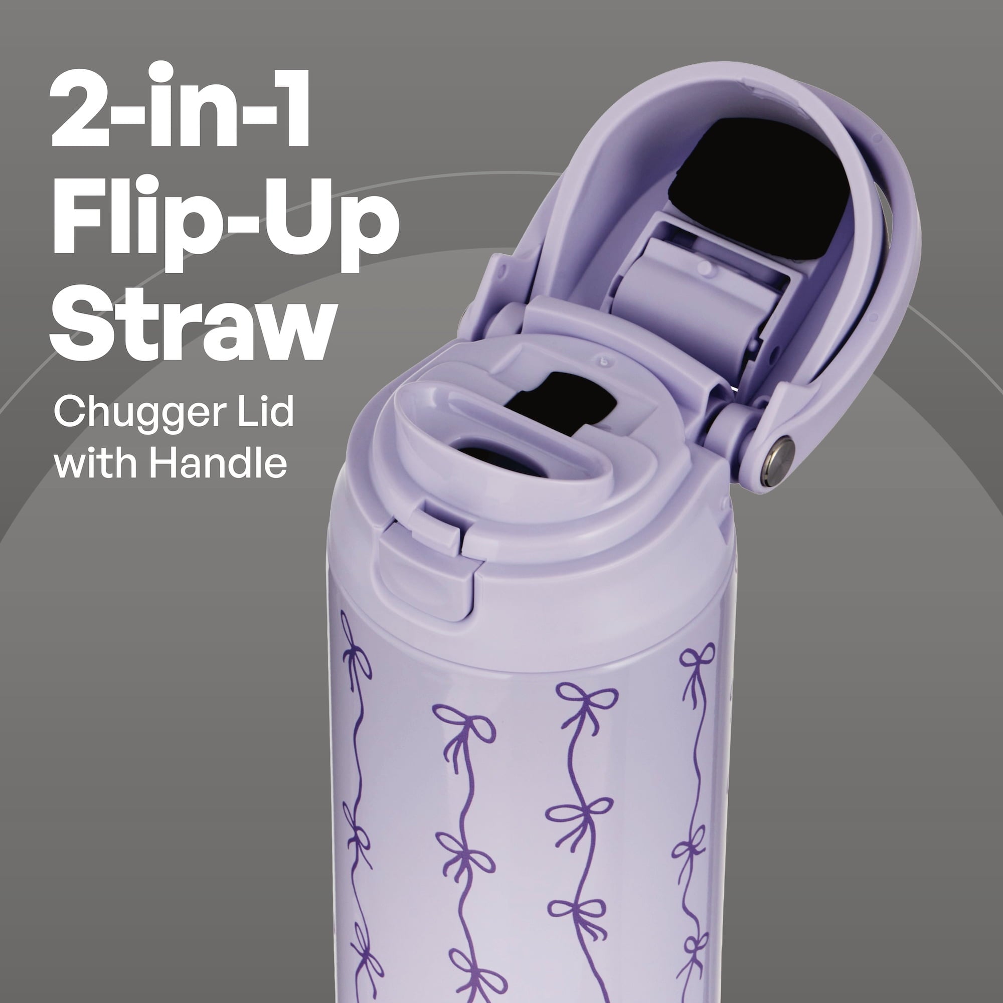 Stainless Steel Water Bottle, 24oz 2-in-1 Straw & Chug Lid, Purple Bows - Image 2