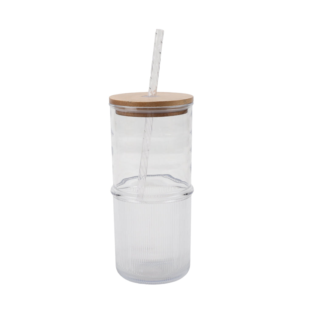 22-Ounce Clear Ribbed Tritan Tumbler with Straw and Acacia Wood Lid