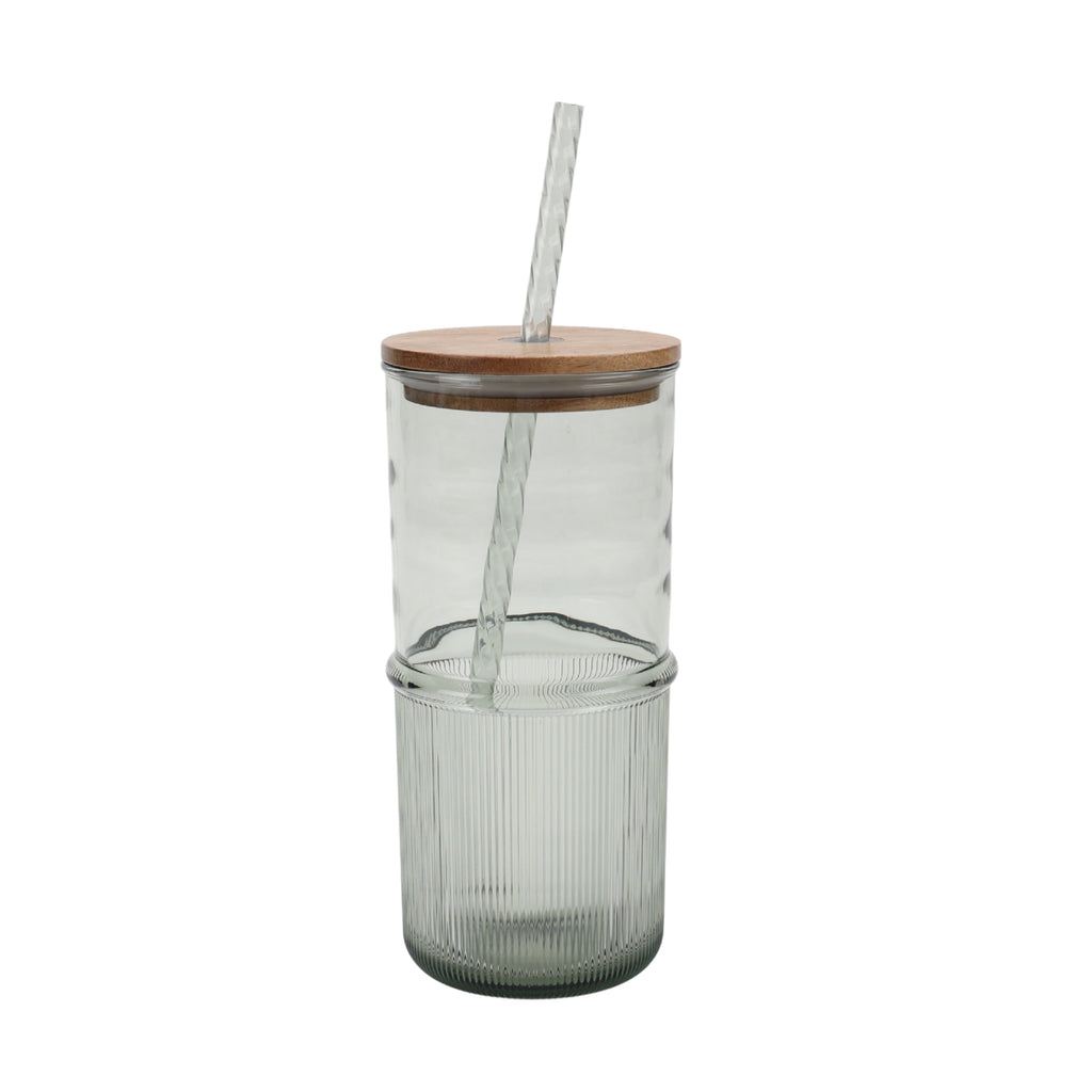 22-Ounce Green Ribbed Tritan Sipper Tumbler with Straw and Acacia Wood Lid