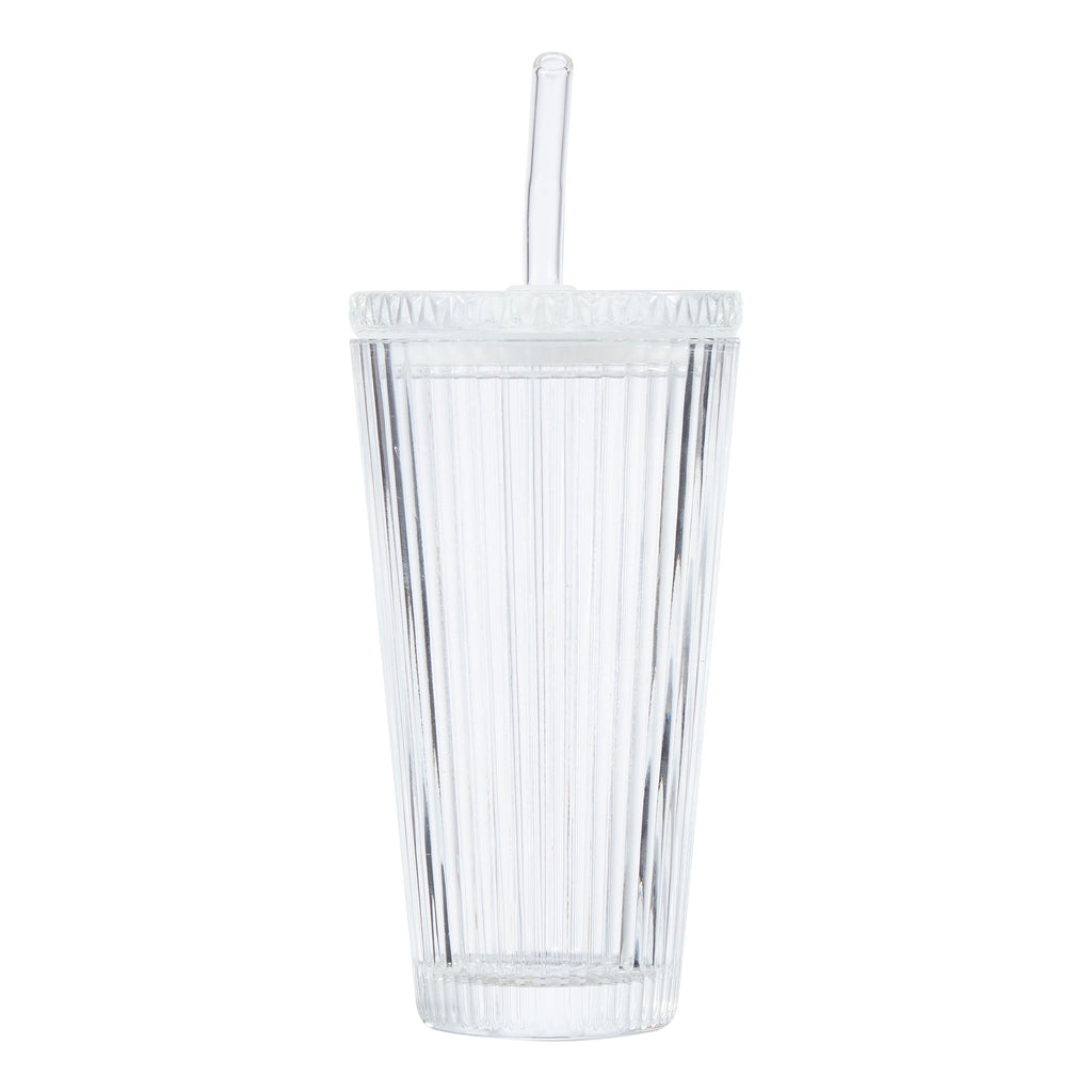Glass 21oz Tumbler Ribbed with Glass Lid and Straw