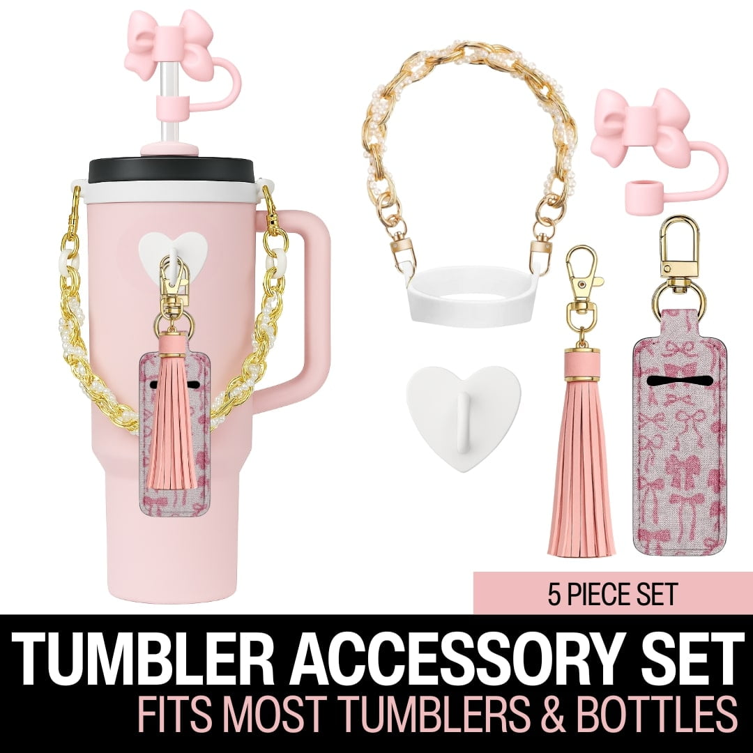 Set with Water Bottle Handle, Straw Topper, Charm Hook & Lip Balm Holder, Pink Pearl