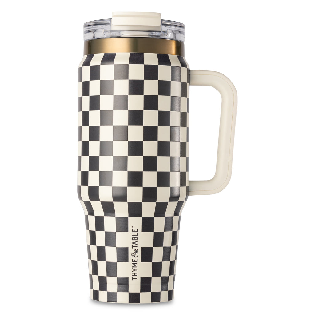 32 fl oz Stainless Steel Luna Tumbler with Handle and Dual Straw Lid, Cream & Black Check