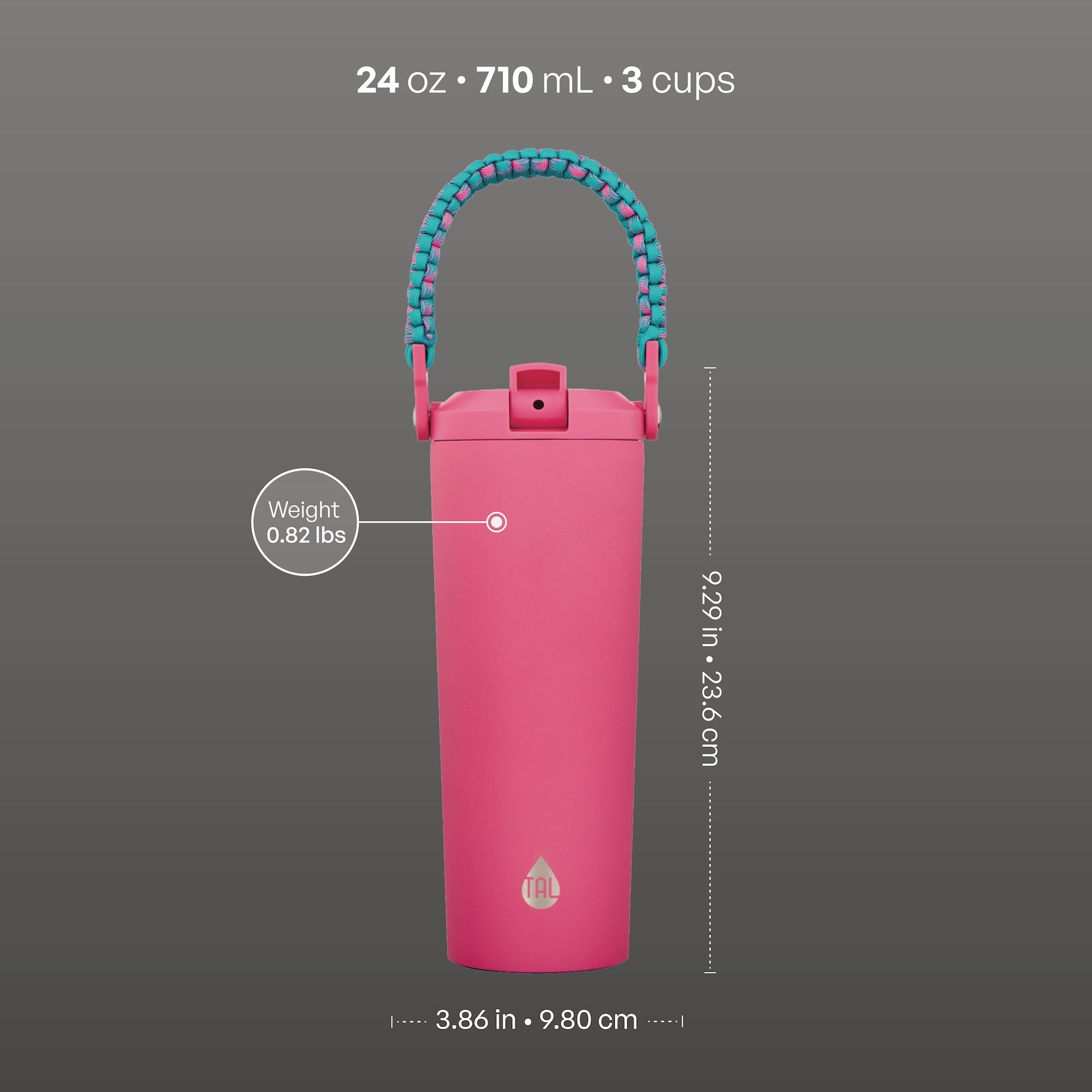 24oz Stainless Steel Hudson Paracord Handle Water Bottle, Pink - Image 5