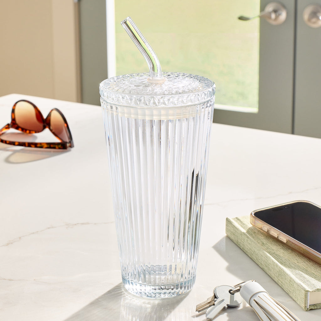 Glass 21oz Tumbler Ribbed with Glass Lid and Straw - Image 6