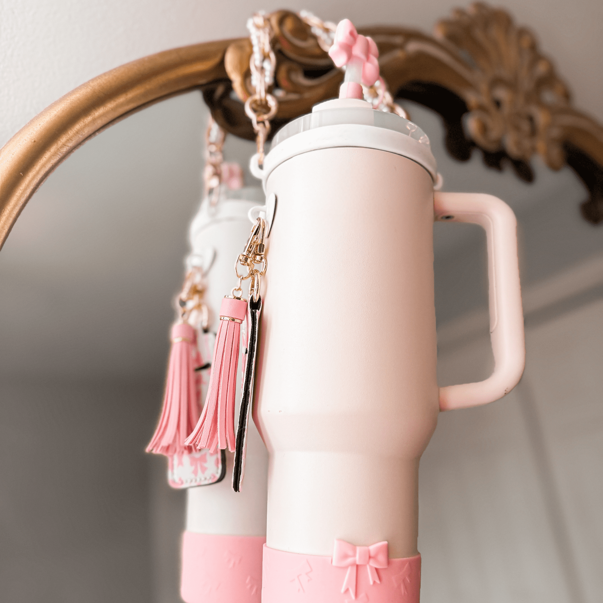 Set with Water Bottle Handle, Straw Topper, Charm Hook & Lip Balm Holder, Pink Pearl - Image 2