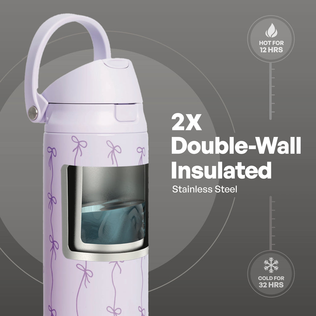 Stainless Steel Water Bottle, 24oz 2-in-1 Straw & Chug Lid, Purple Bows - Image 5