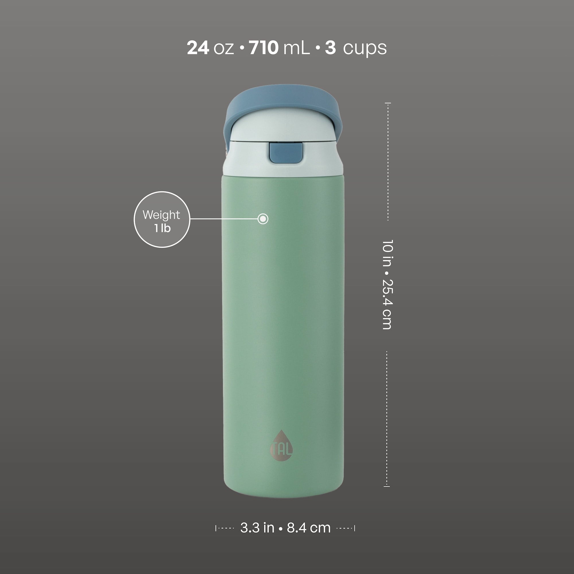 24oz Stainless Steel 2-in-1 Straw and Chug Water Bottle with Push Lid, Sage - Image 6